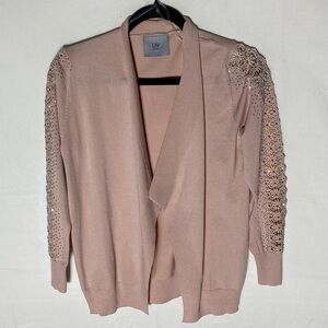 Liv Milano Light Pink Open Front Cardigan W Sparkly Lace Embellished Sleeves XS
